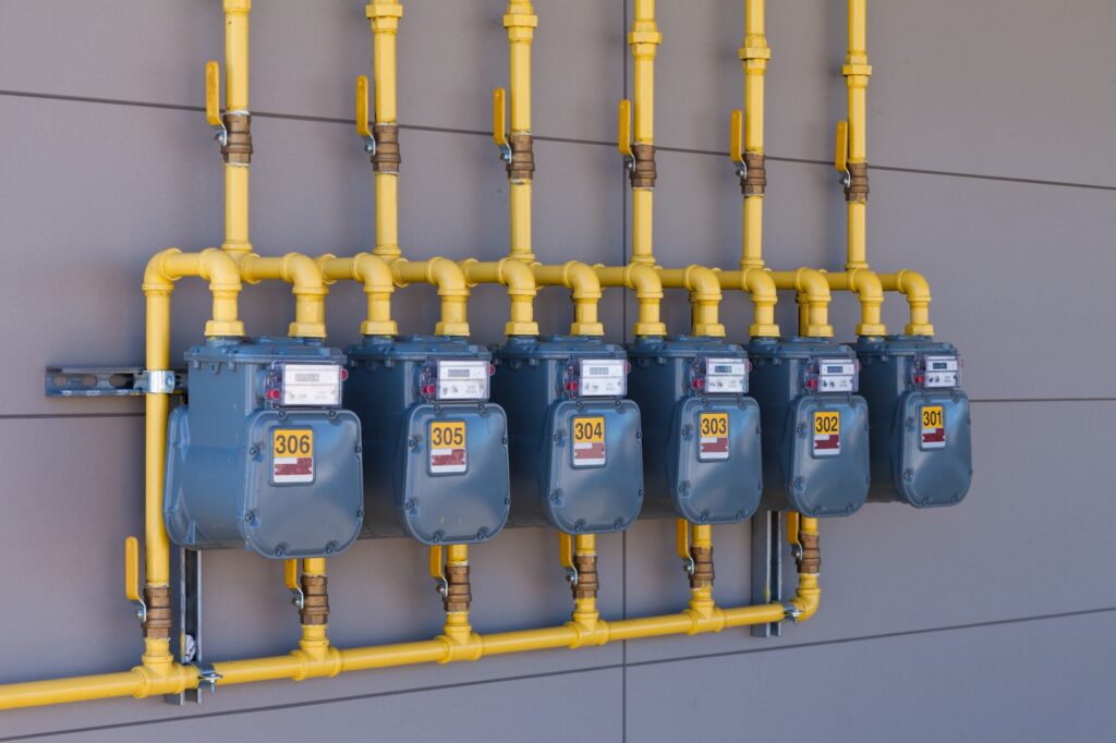 Residential gas valve energy meters row supply plumbing